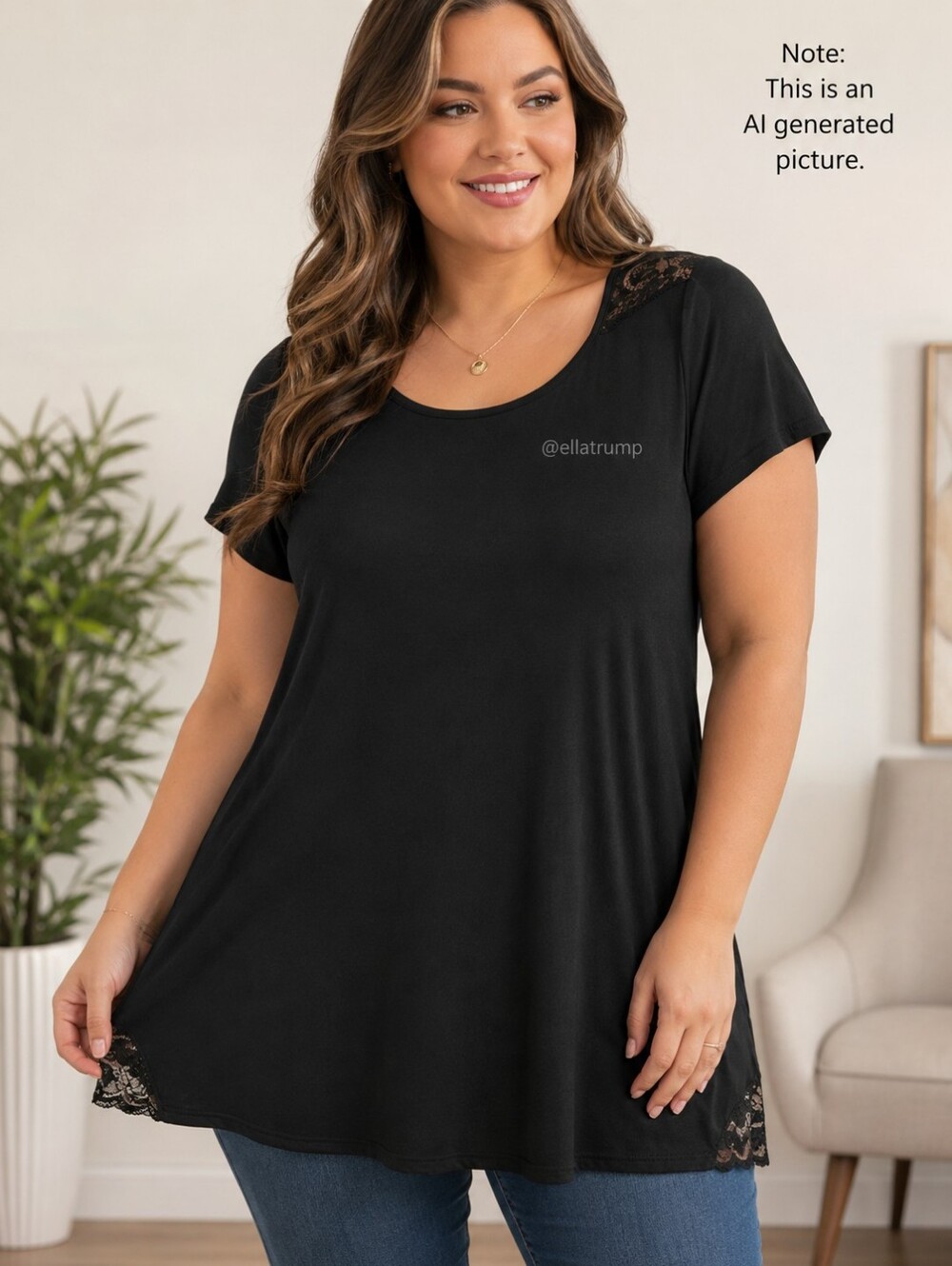 Bella Il Fiore size XL Black Short Sleeve Top W Lace Panels At Shoulder & Hem